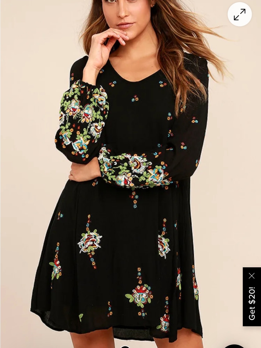 Free People Oxford Embroidered Black Mini Dress with Multicolor Floral Small